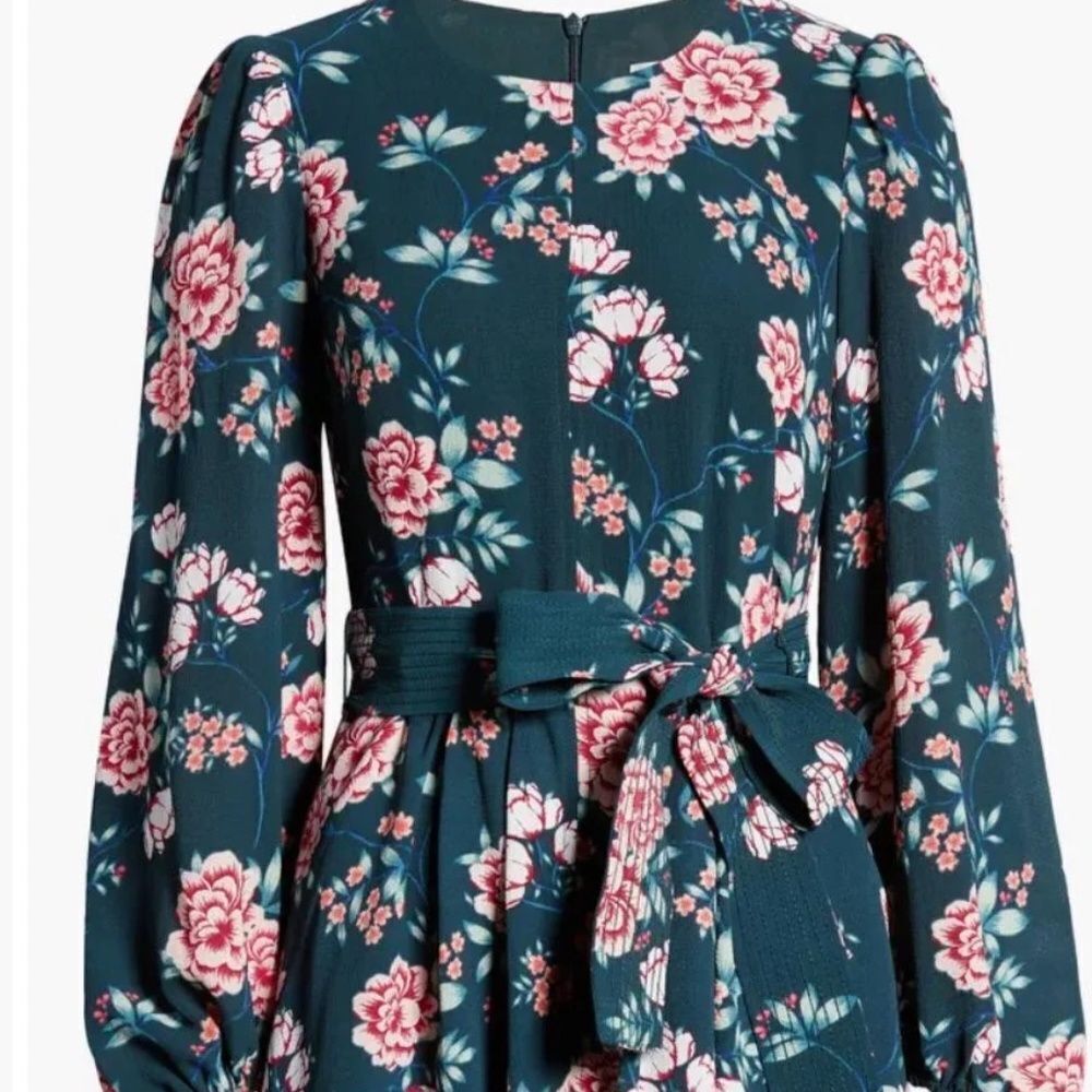 Eliza J NWT Green Floral Puff Sleeve Belted Dress Sz 10